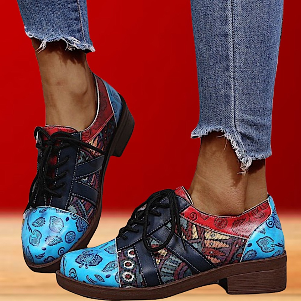 Boho Paisley, Color Block, Lace Up Oxfords Flats